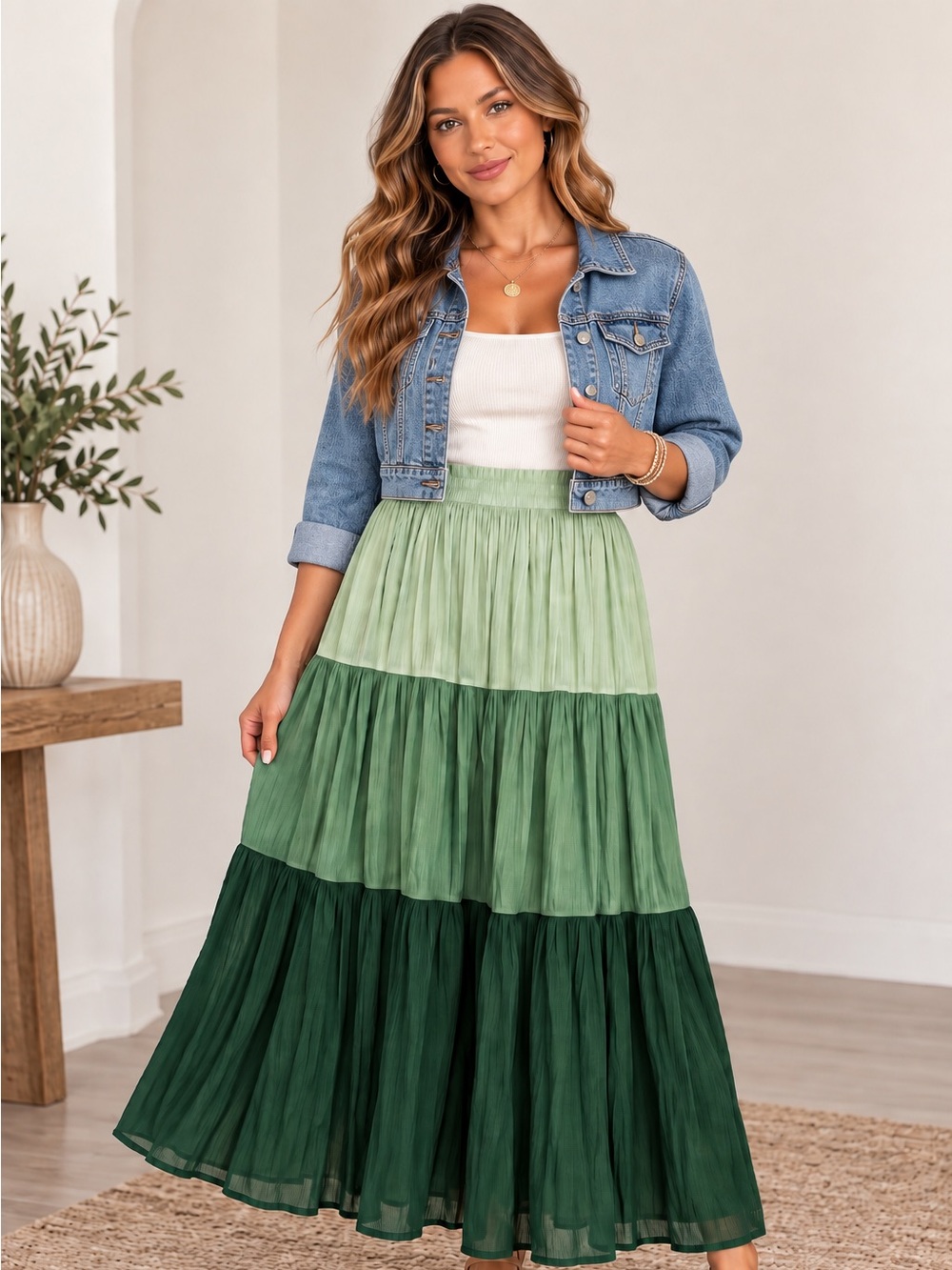 Tiered Green Ombre Maxi Skirt
